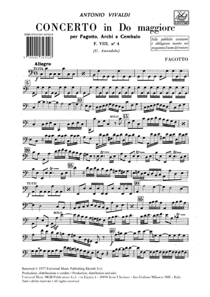 Concerti Per Fg., Archi E B.C.: In Do Rv 474
